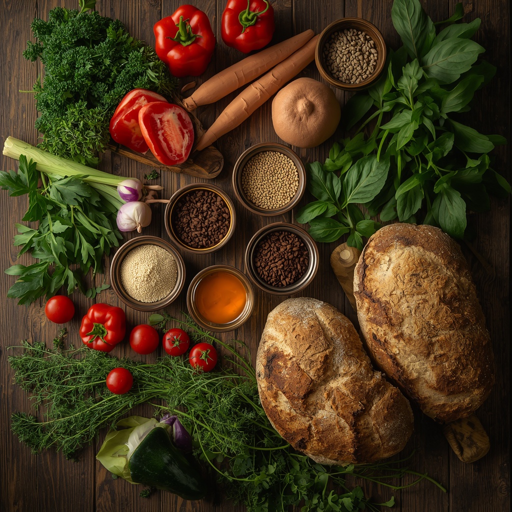 A vibrant overhead shot of a rustic wooden table covered with fresh organic vegetables, herbs, grains, olive oil and artisan bread, warm cinematic lighting, photorealistic, no people