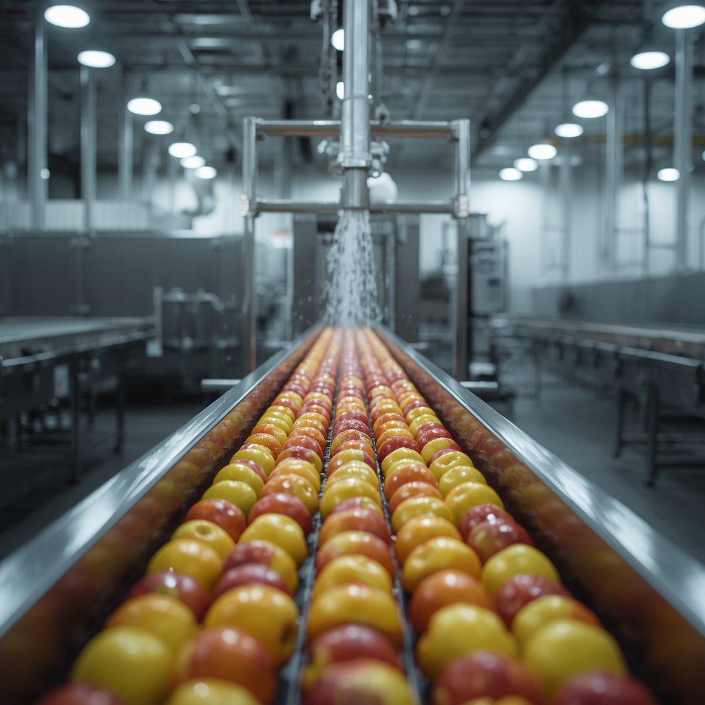 Modern stainless steel food processing facility with conveyor of fresh fruit being washed, clean industrial lighting, photorealistic, no people