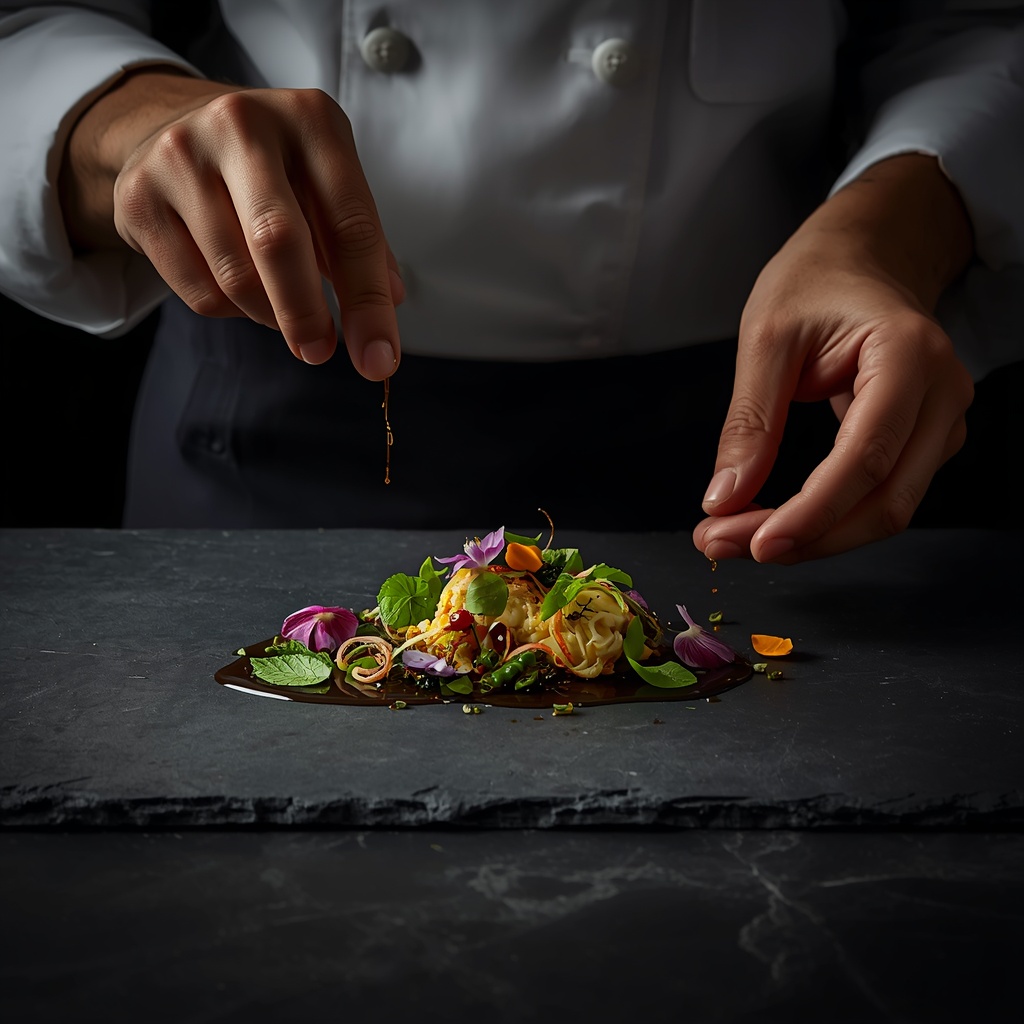 Chef plating an elegant gourmet dish with fresh herbs and edible flowers on a dark slate plate, moody studio lighting, photorealistic, hands only no face